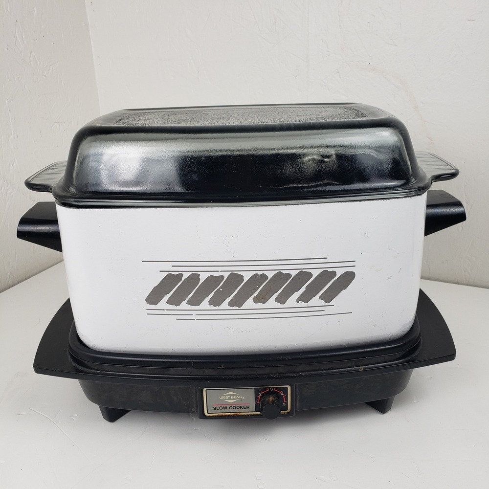 West Bend Slow Cooker Vintage 5 Quart White Black Griddle Base Glass Lid 84905